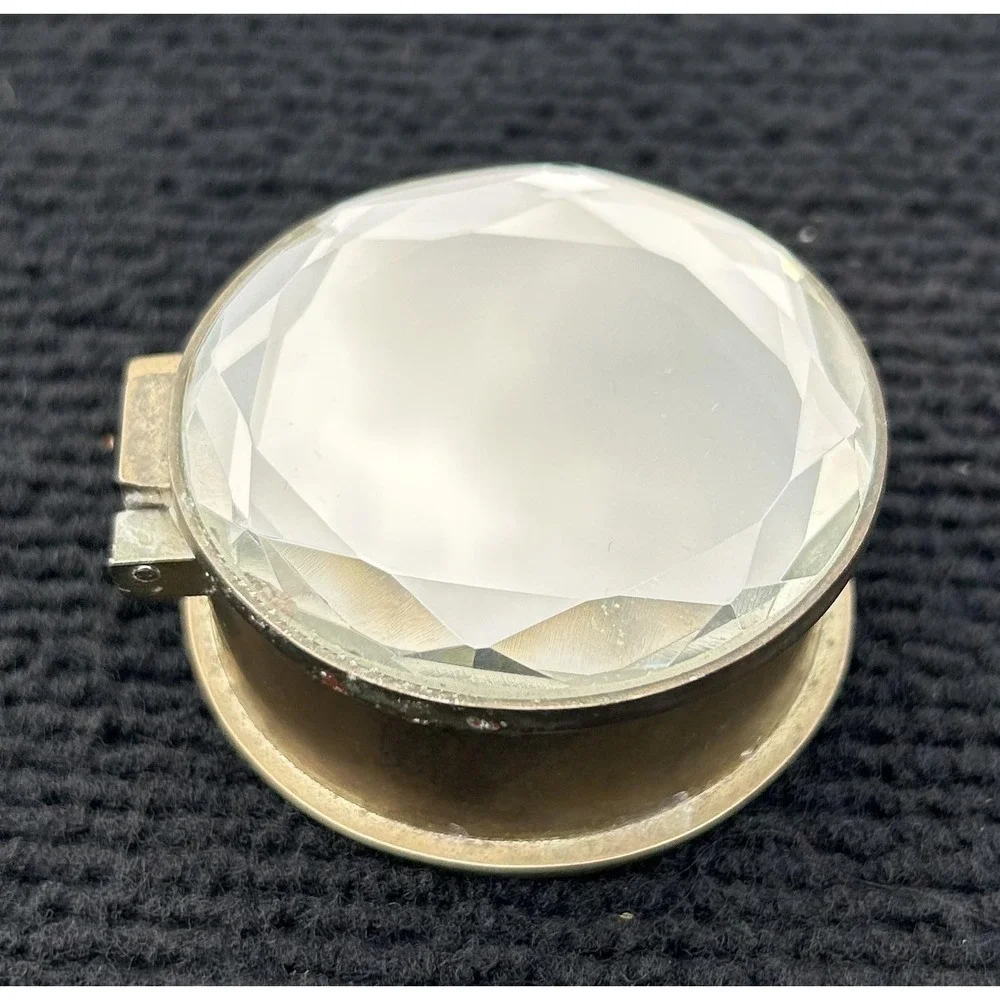 Vintage Brass Round Jewelry Ring Box‎ Faceted Glass Lid Velvet Lined Trinket Box
